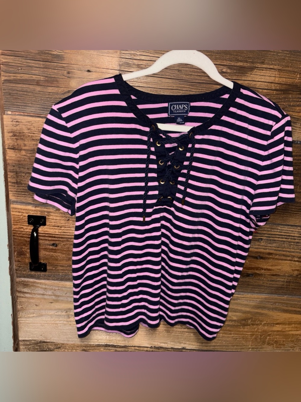 Vintage Chaps Pink and Black Striped Lace-Up Short Sleeve Tee